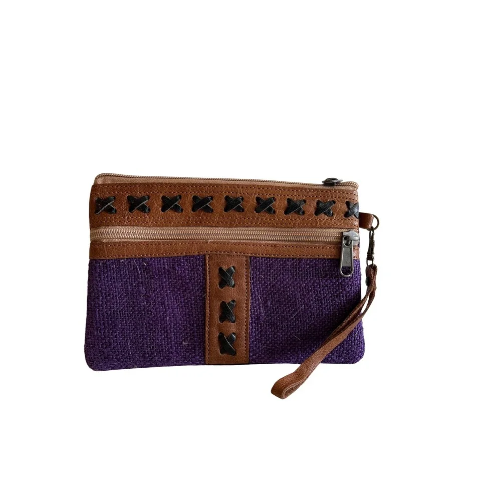 Purple Jute and Brown Faux Leather Wristlet Clutch Boho Cross Stitch Pouch Bag